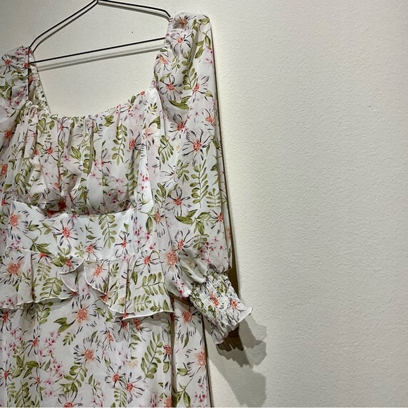 EXLURA Womens Floral Ruffle Sun Dress Sundress Tiered Square Neck Long Sleeve M. - Picture 7 of 10